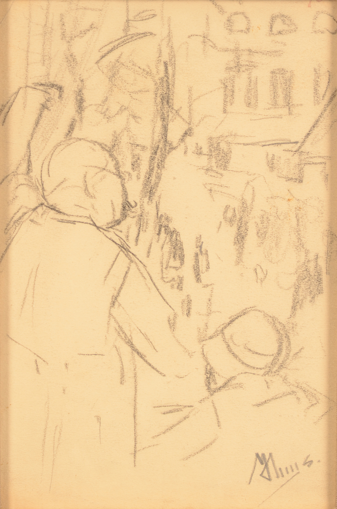 Modest Huys — Deux personnes regardant la ville d'une fenêtre, dessin signé