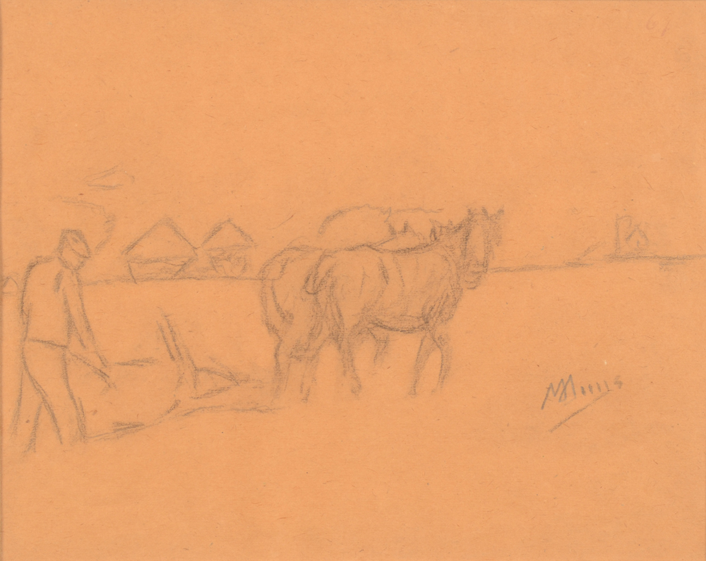 Modest Huys — Un fermier labourant la terre, dessin sur papier, signé