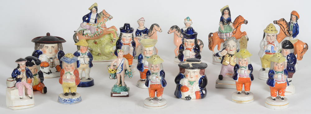 a Staffordshire figurines collection — Collection de statuettes Staffordshire, avec quelques représentations rares. Restaurations, manques,...