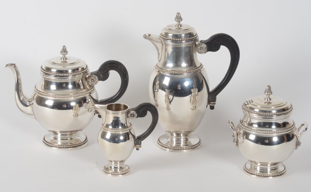 Delheid Frères — Service à thé et café en argent massif, anses en bois massif, années trente&nbsp;