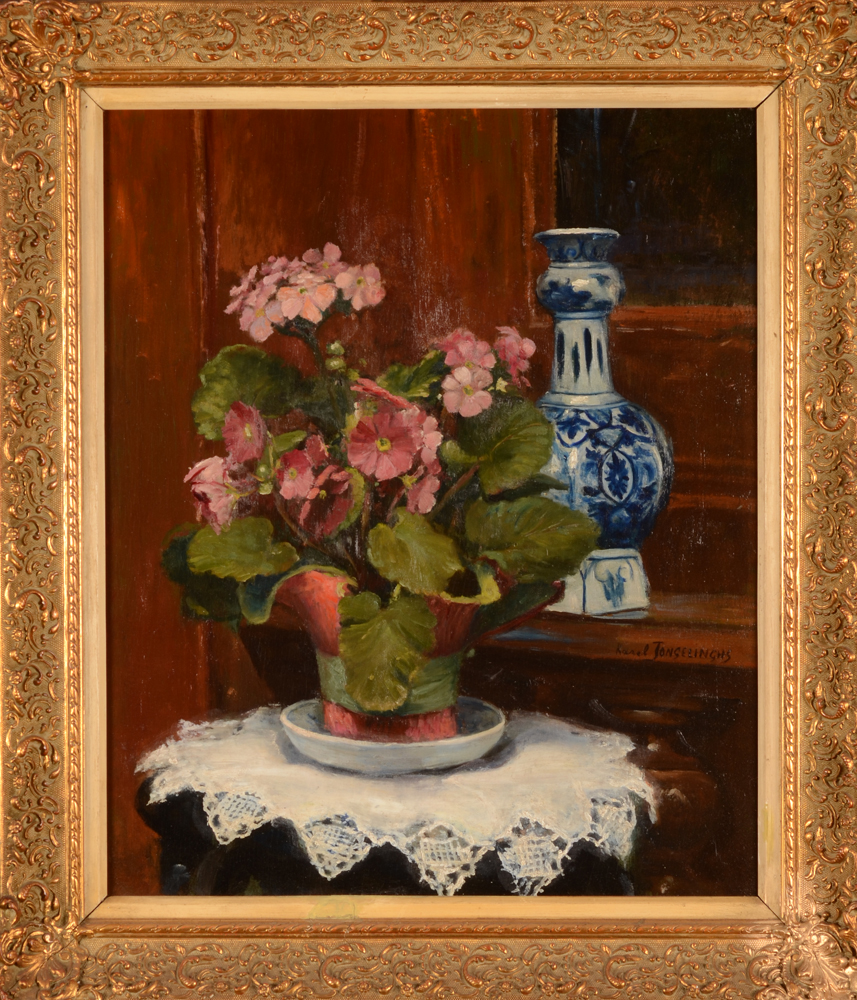 Karel Jongelinghs — Een stilleven met bloemen en een Delftse knobbelvaas.