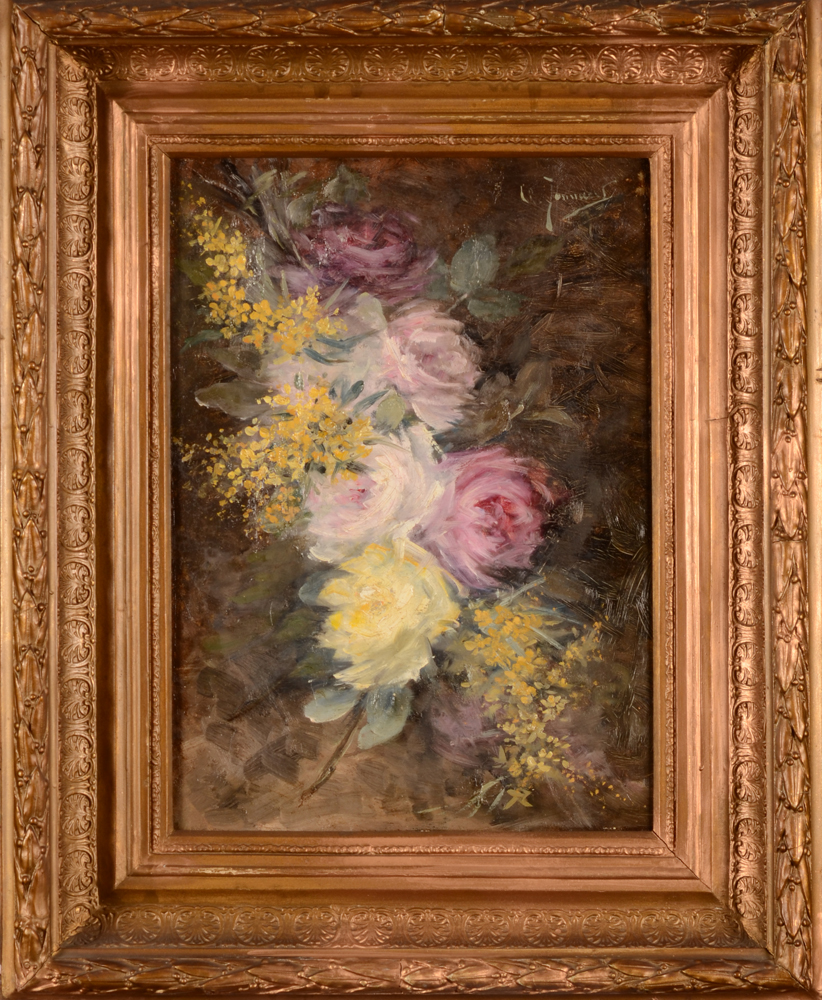 Clemence Jonnaert — Stil life with roses, oil on canvas, one of a pair of flower paintings.