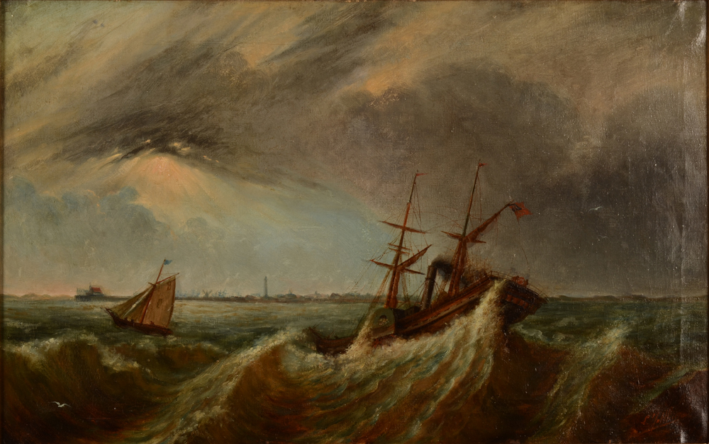 Louis Jotthier — Bateau à vapeur dans une mer houleuse, huile sur toile, signée