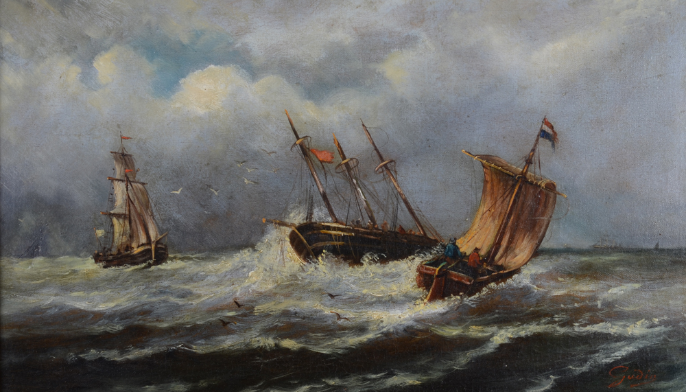 a decorative late 19th century seascape in the romantic style — the painting without its frame