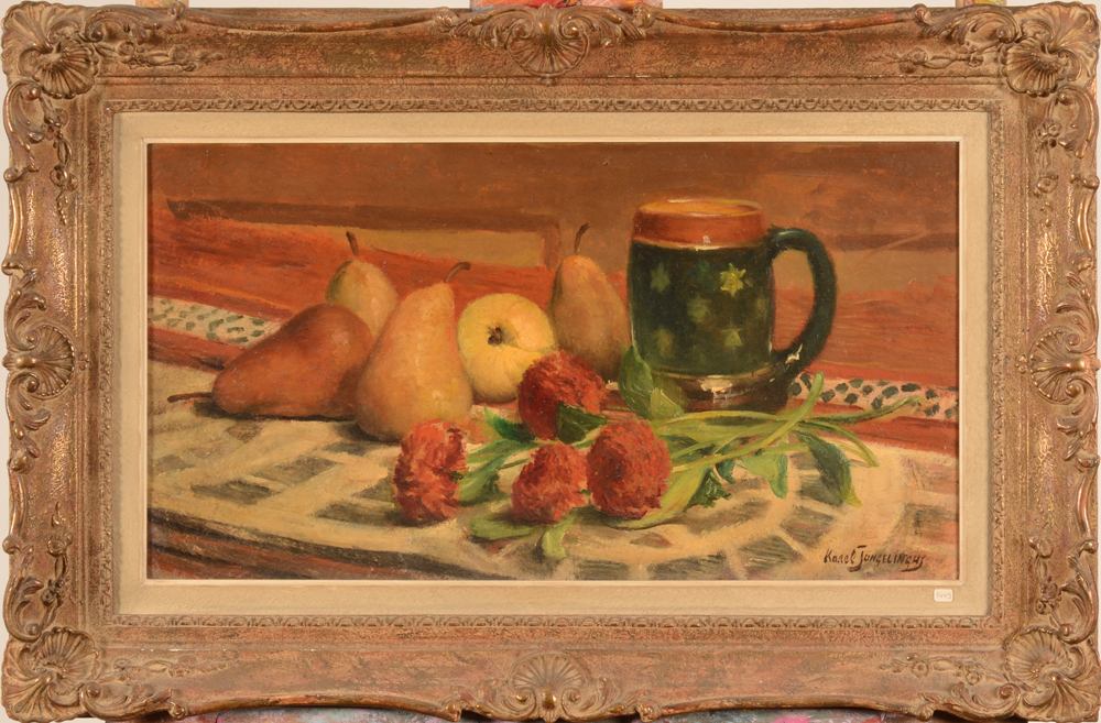 Karel Jongelinghs dahlias and pears — With the frame