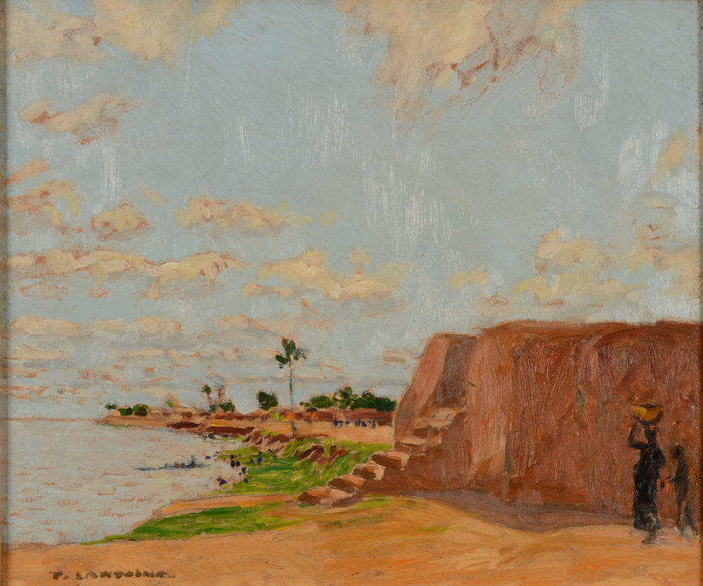 Fernand Lantoine — Vue de Segou au Mali, huile sur panneau de 1936