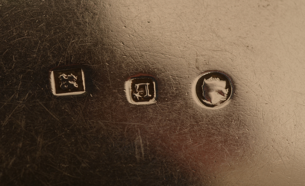 Liaigre, Tournai, silver wine and water jugs on dish — Marks on the dish: Minerva head, Liaigre makers mark and Janus head.