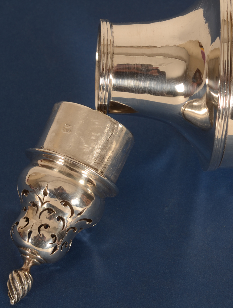 London silver sugar caster — the caster open, the top marked with a Lion Passant