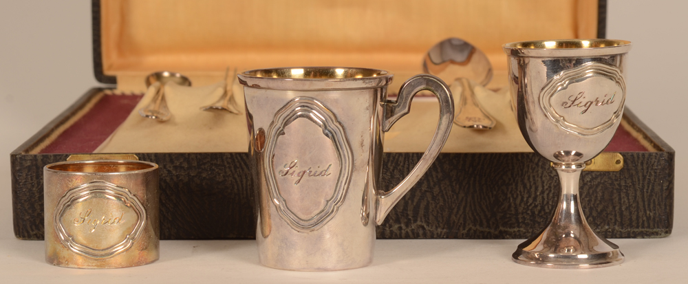 Lutz und Weiss christening set — Detail of the napking ring, goblet and egg cup engraved with the name Sigrid