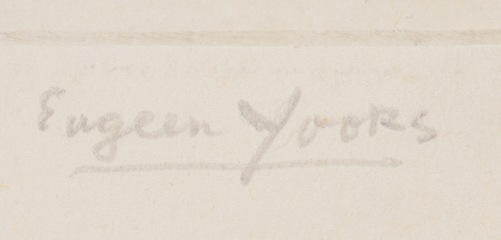 Eugeen Yoors etching of a writer — Signature of the artist written on the bottom right of the etching in pencil.