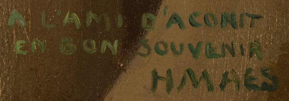 Herman Maes — Dedication to the writer D'Aconit and signature, bottom left