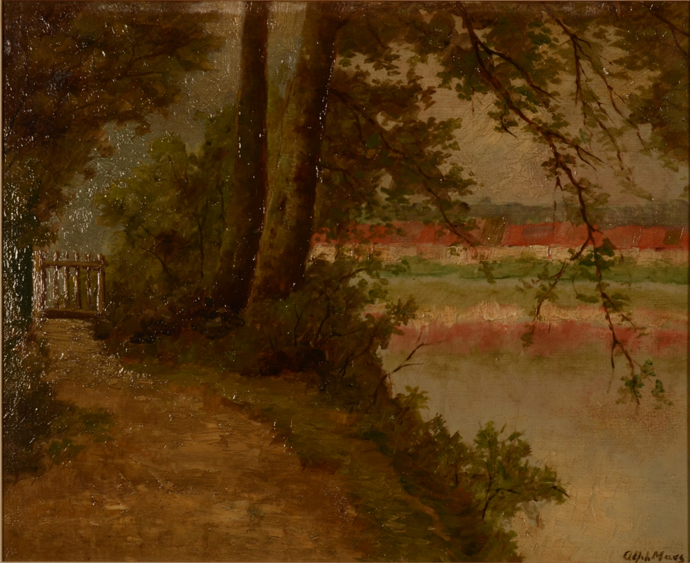 Alph. Maes Along the river — Suivant la rivière, huile sur panneau