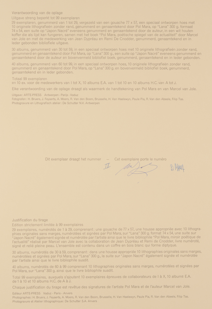 Pol Mara — Colophon page, that states that this is one of the 10 copies for the collaborators of the project.
