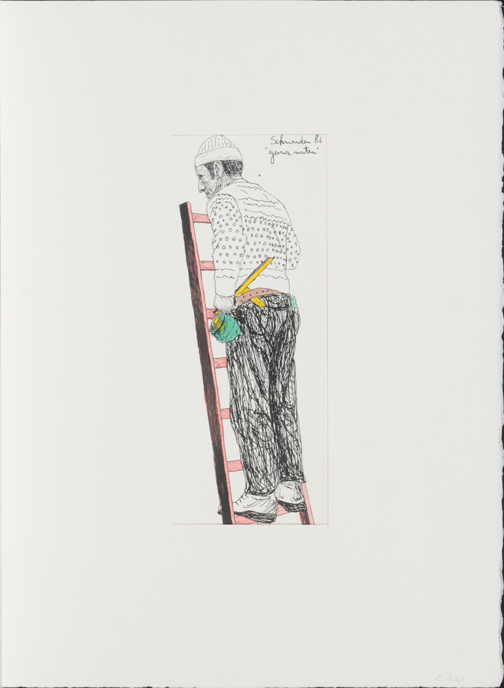 Jürgen Schneider 'Ganz Unten' — Dessin d'un laveur de vitrine. Signé et daté.&nbsp;