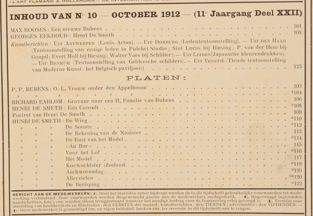 Onze Kunst 1912 — Ocotber issue table