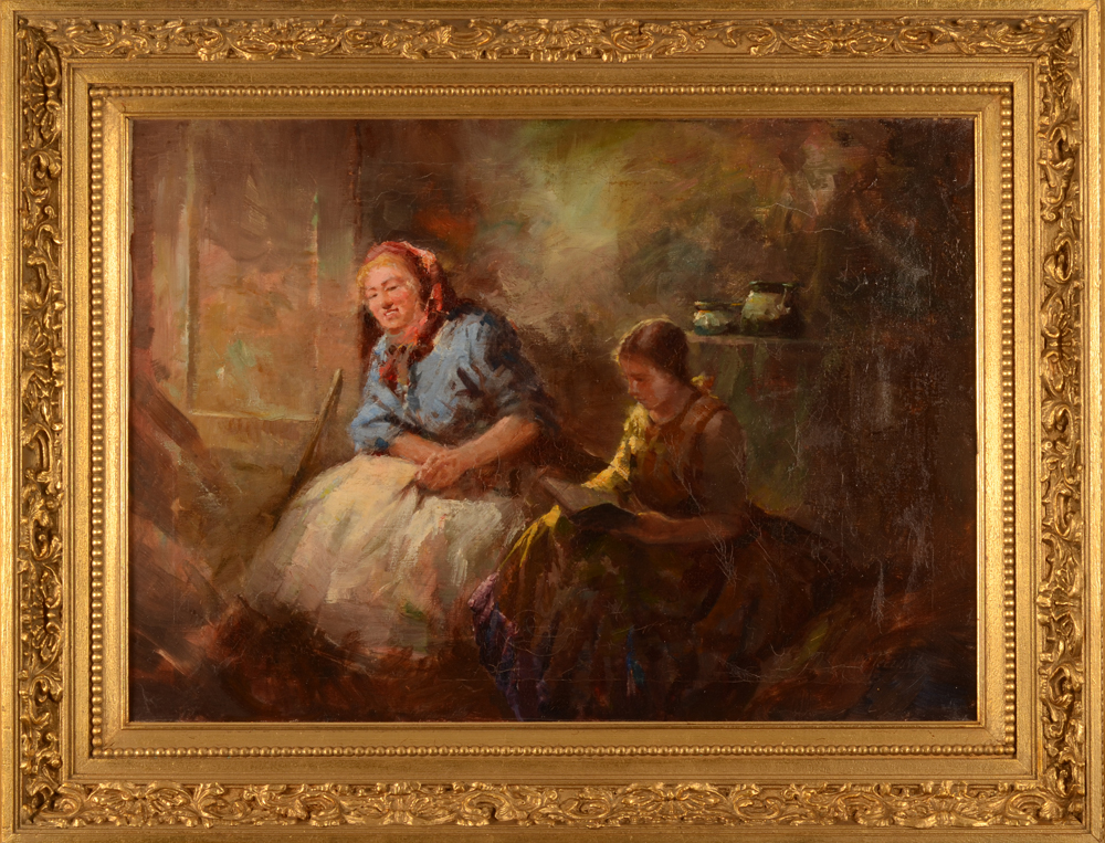 Antal Anton Peczely — Fille lisant à haute voix, huile sur toile, signée