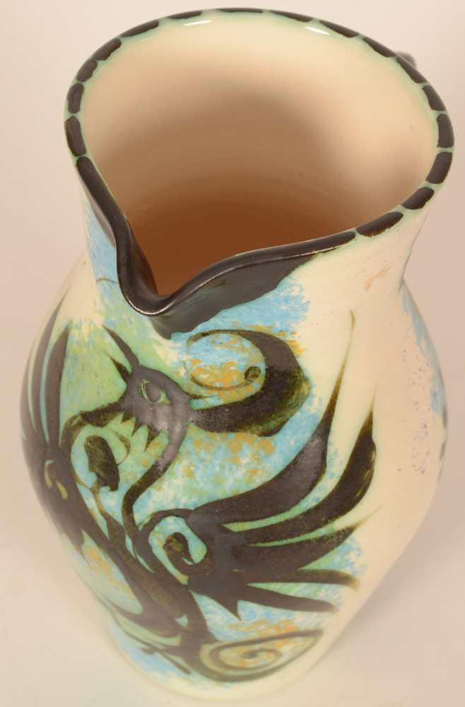 Celtic Pottery Newlyn phoenix pitcher — The spout and upper rim decorated in black
