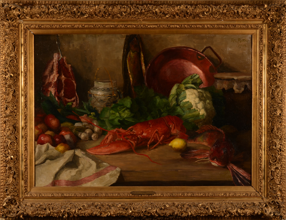 Emile Pottier — Grande nature morte de 1901, expose au salon de Gand en 1902. Cadre monumental d'origine