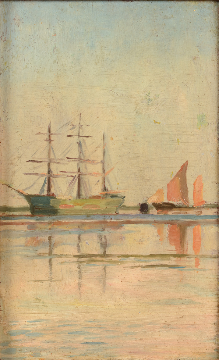 Gustave Vanaise — Etude d'un trois-mâts dans lalagune de Venise, huile sur panneau, ca. 1883
