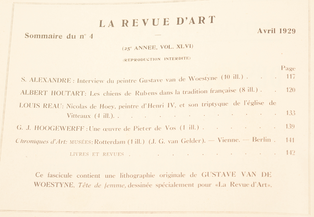 La Revue d'Art 1929 — Table of contents, this issue without the lithograph mentionned&nbsp;