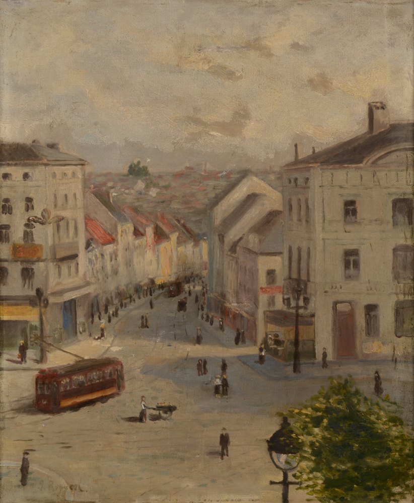 J. Roggen (?) — Vue de ville industrielle, en Belgique ou France? années 30-40, huile sur toile
