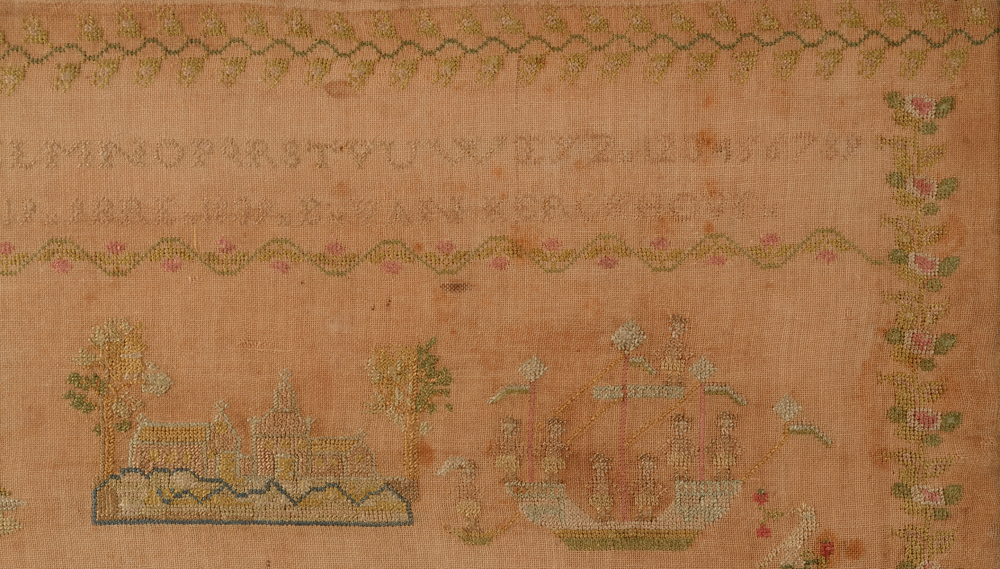 Van Kerckhove — Detail of the top right of the sampler with the name of the maker