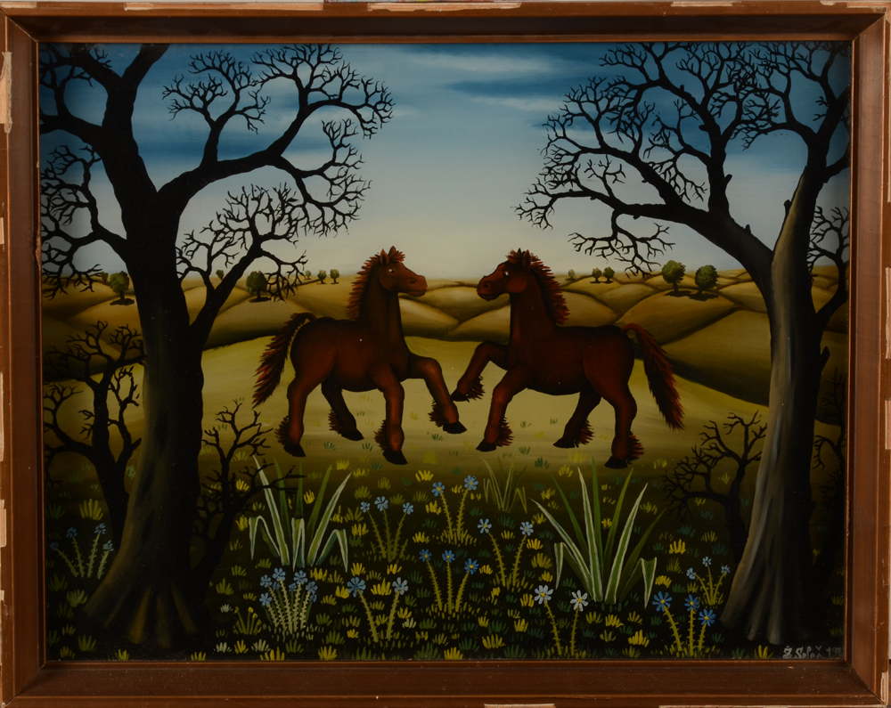 Zeljko Seles — Cheveaux dans un paysage, eglomise, art naif de 1973.