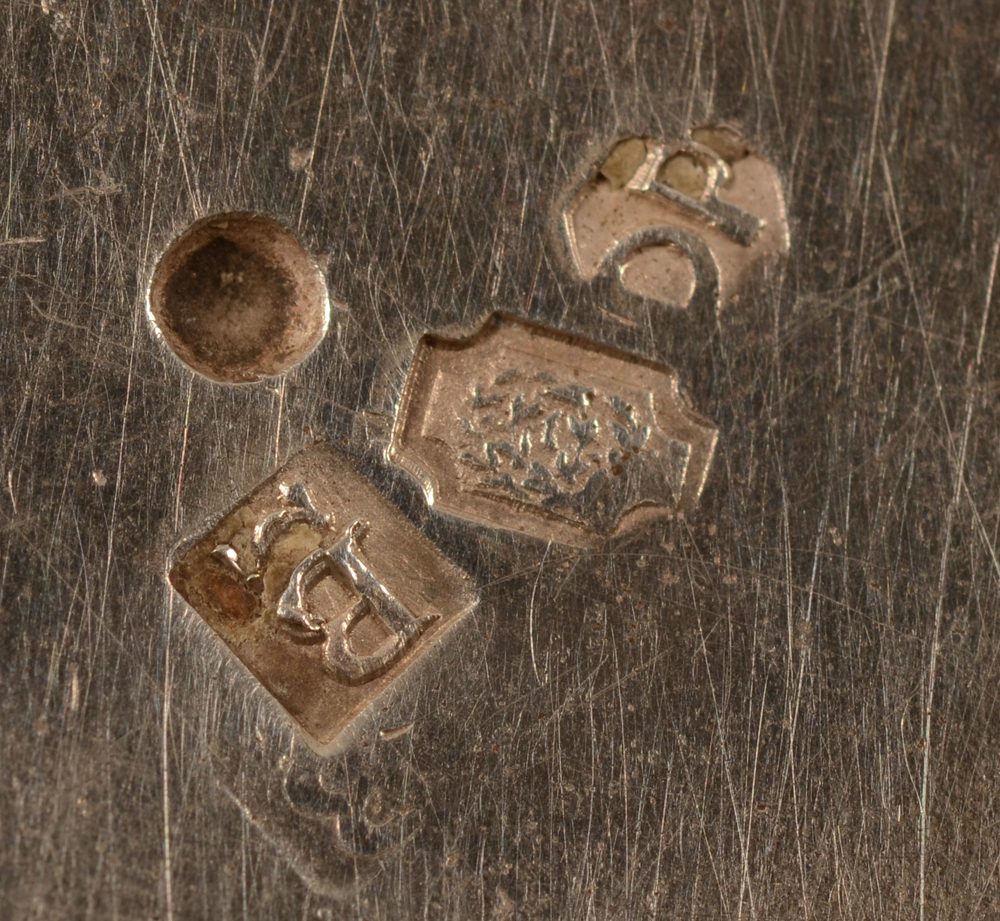 Bernardus Van Bosterhaudt — Marks on the bottom of the base, makers mark, alloy mark and assay officers mark<br>