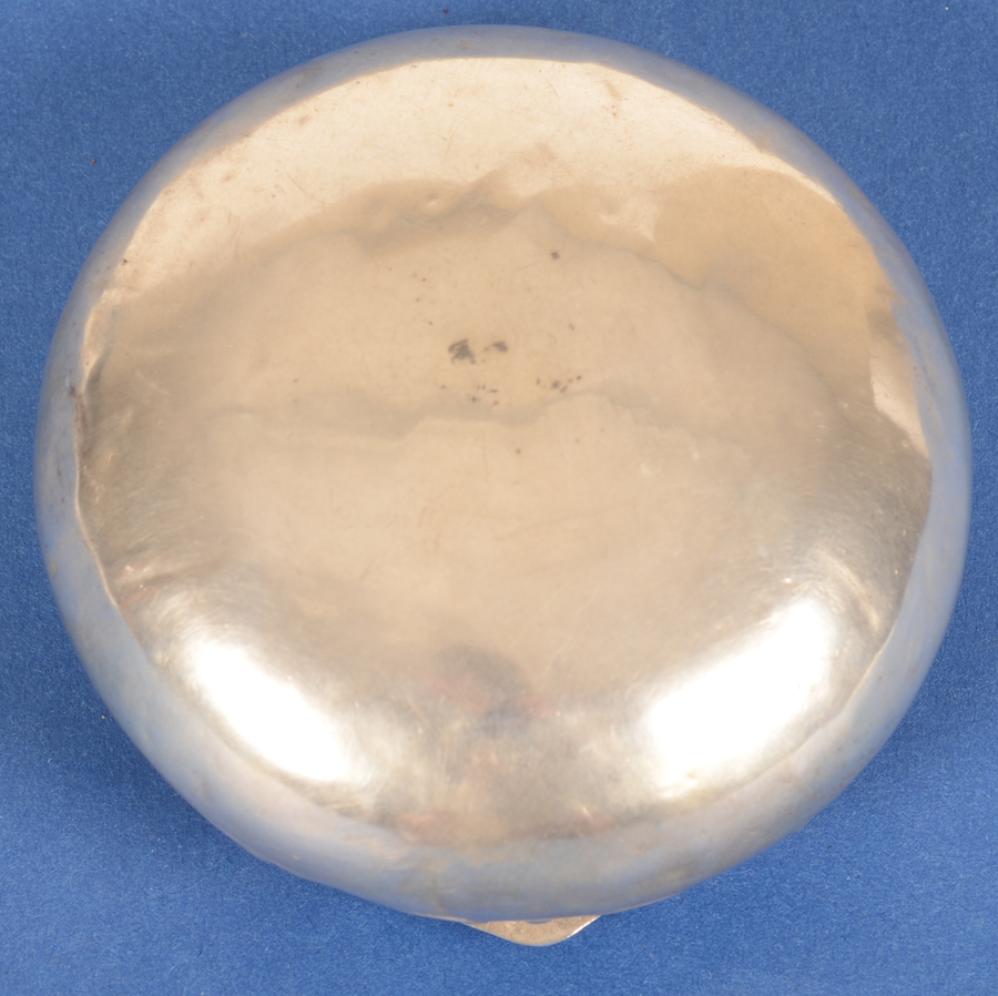 Silver pill box — Back of the box, showing its used condition