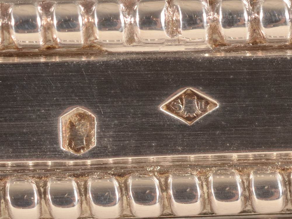 Souche-Lapparra — Detail of the marks on the side rim of the base, makers mark and alloy mark for 950/1000