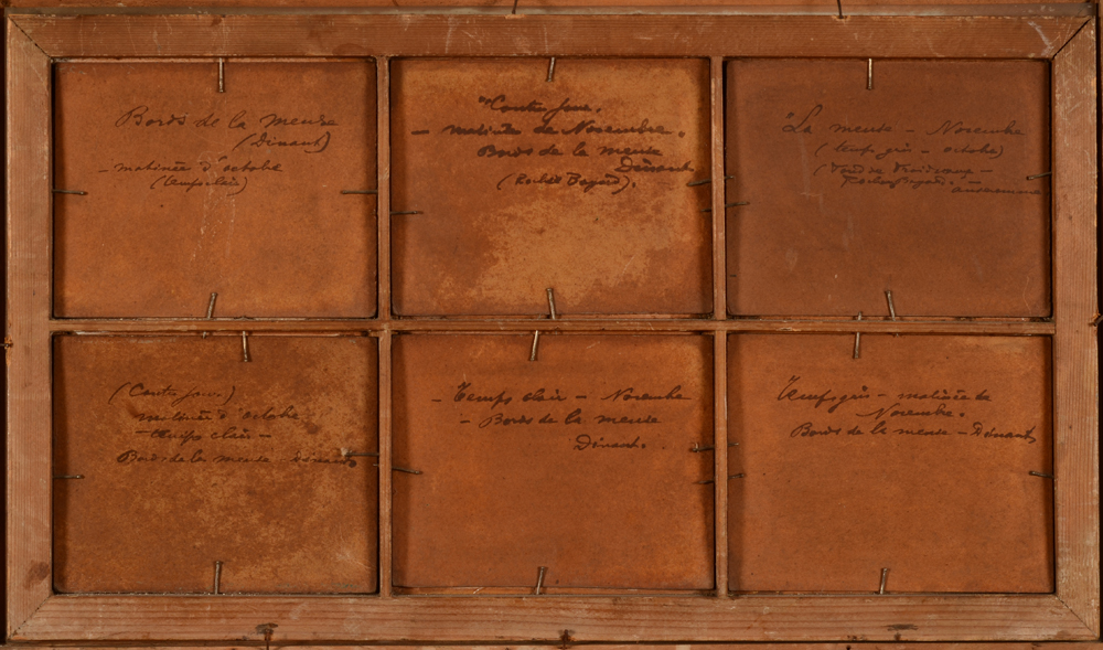 Romain Steppe — the back of the painting showing all the titles (from top left to bottom right): Bords de la Meuse (Dinant), Matinee d'octobre (temps clair); Contre Jour, matin de novembre, Bords de la Meuse Dinant (Rochee Bayard); La Meuse novembre (temps gris en octobre); Contre-jour matinee d'octobre temps clair, bords de la Meuse Dinant, Temps clair Novembre, bords de la Meuse Dinant, Temps gris - matinee de Novembre Bords de la Meuse Dinant.