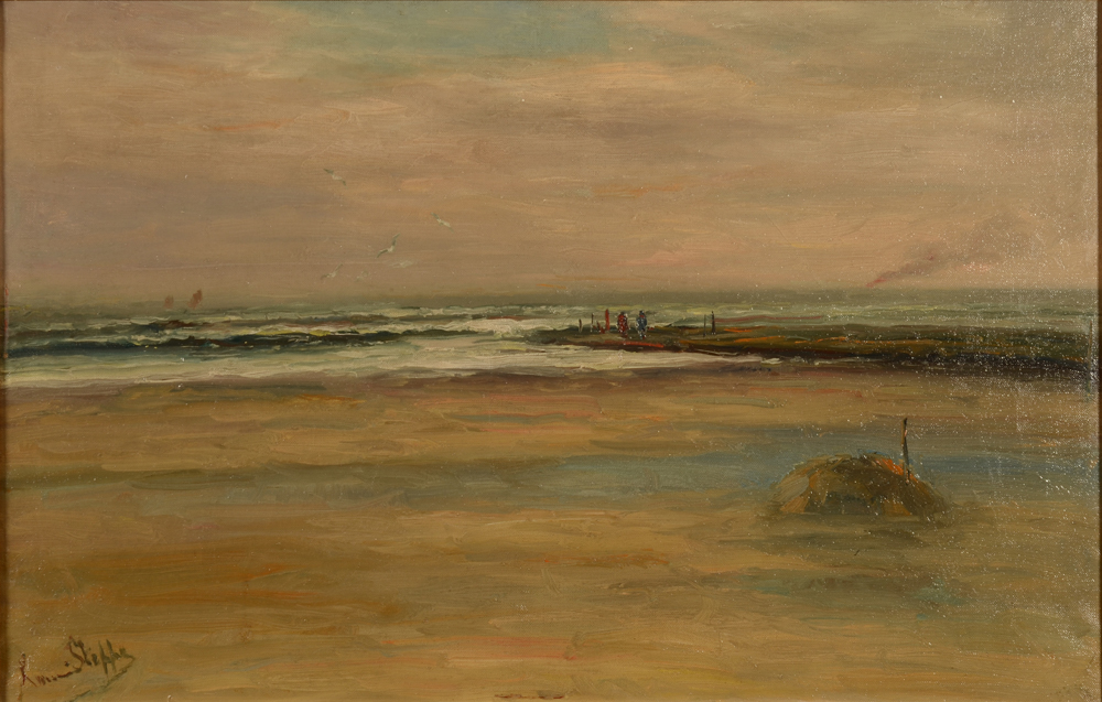 Romain Steppe — Vue de la Mer du Nord avec brise-lame, huile sur toile signée
