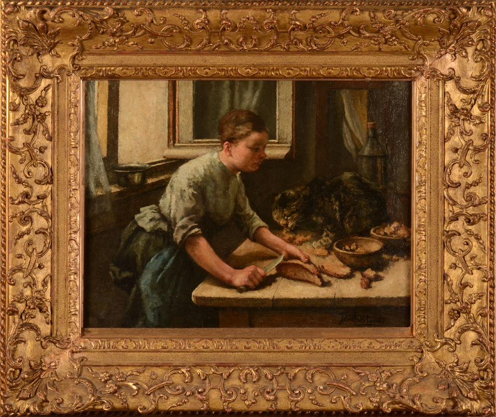 Jan Stobbaerts — La Servante au chat, huile sur panneau, oeuvre important du maitre