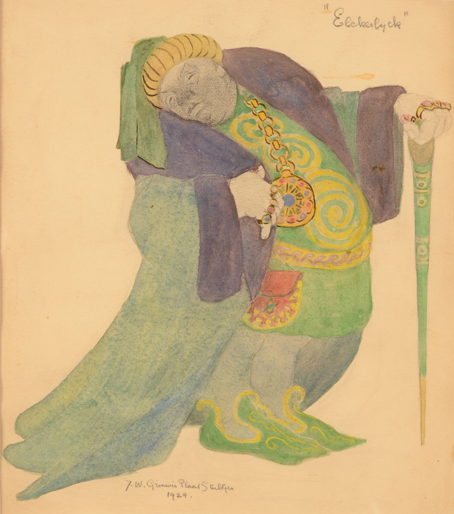 Jan Willem Grinwis Plaat Stultjes — Dessin pour un costume de théâtre, aquarelle, crayon et encre sur papier, signé et daté