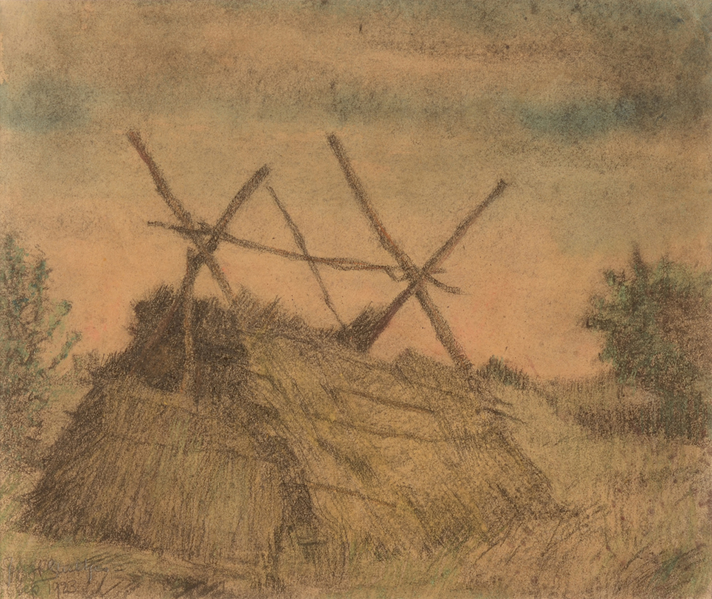 Jan Willem Grinwis Plaat Stultjes — paysage avec abri, aquarelle et crayon sur papier, signée et datée 1923
