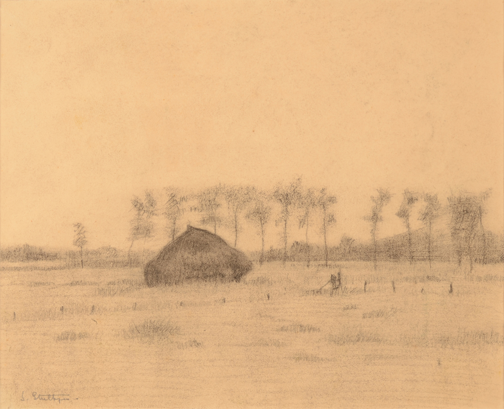 Jan Willem Grinwis Plaat Stultjes — Paysage dans les environs de Gand, dessin, signé