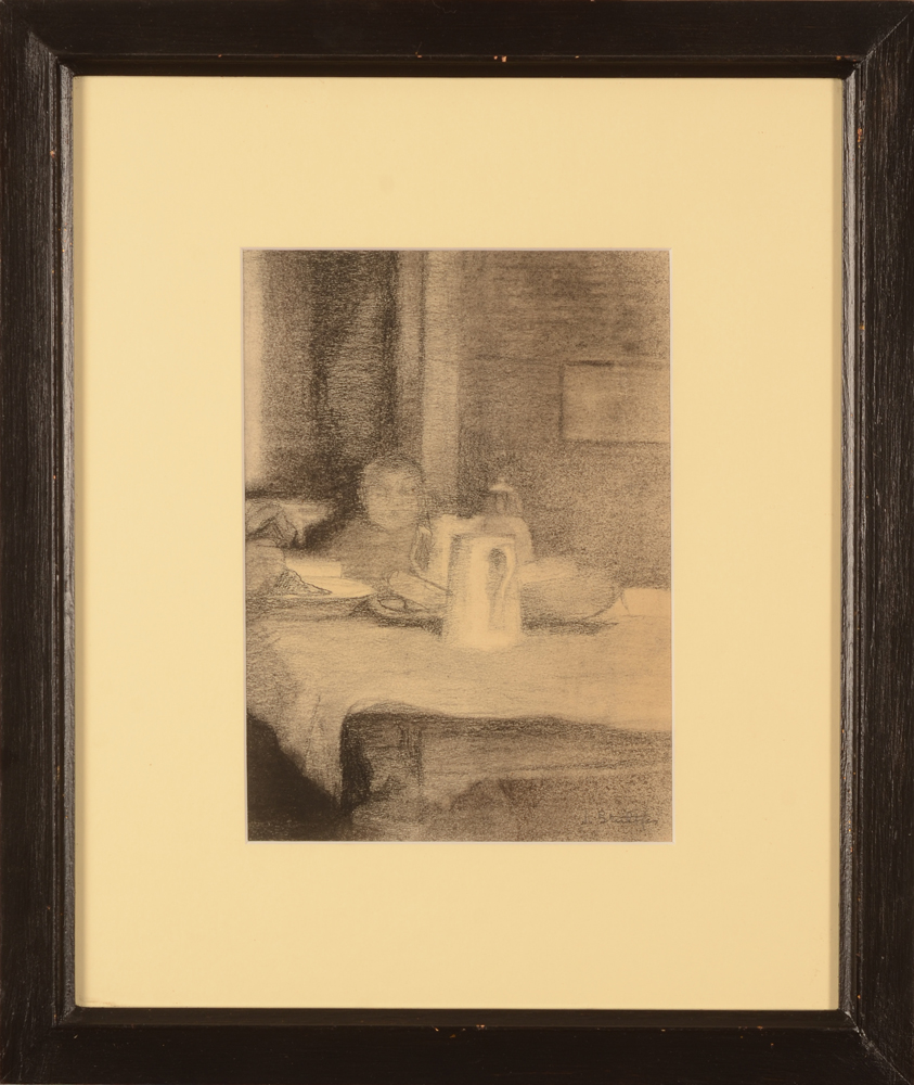 Jan Willem Grinwis Plaat Stultjes — Très curieux dessin symbolsite, la famille à table, dessin signé