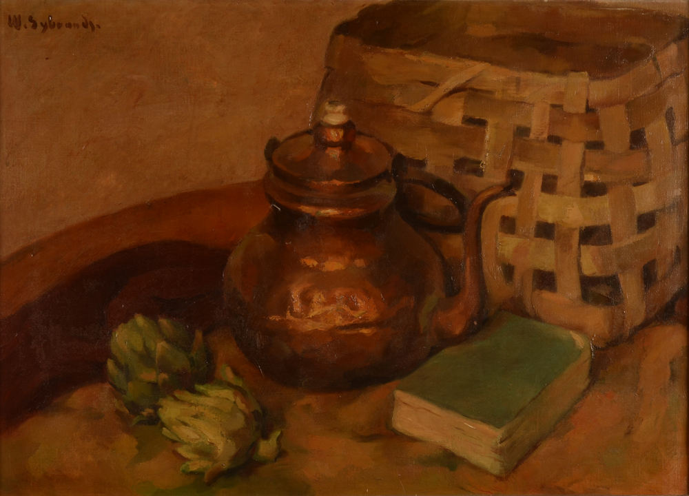 Wilfried Sybrands still life with artichokes — huile sur toile; nature morte avec artichauts