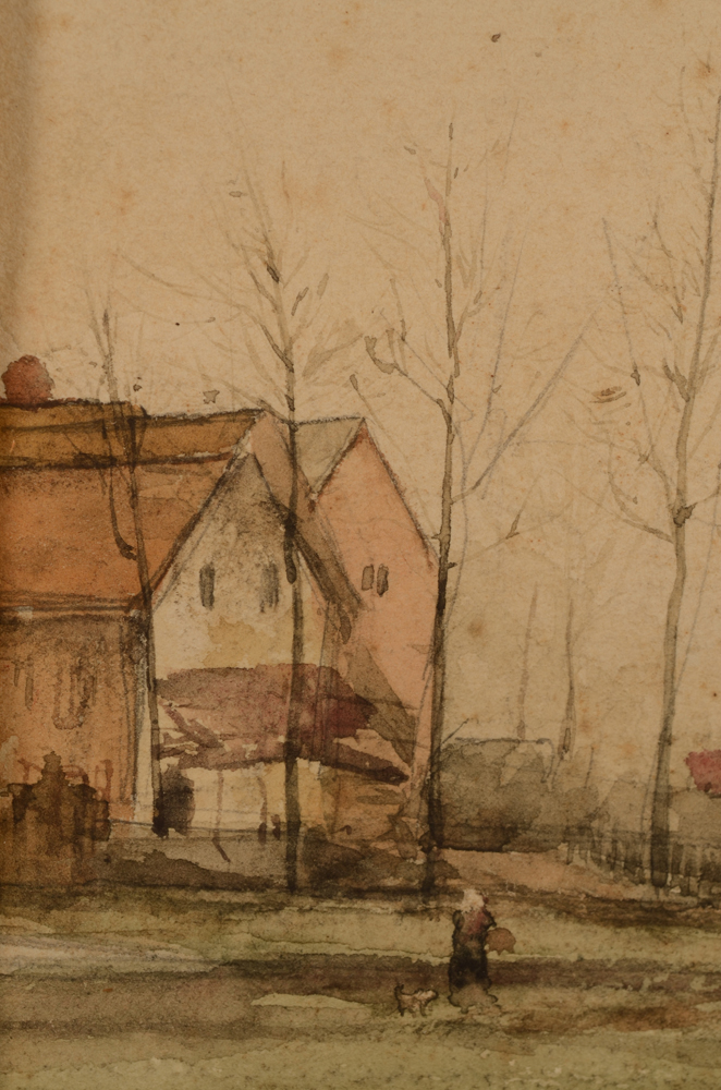 E. Temple — Detail of the houses and the woman with dog