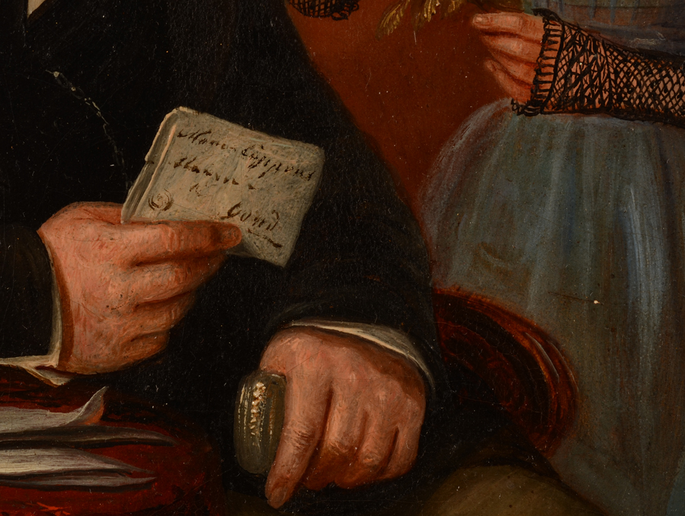 Jean Baptiste Tetar Van Elven — Detail of the hands of the father, with letter and silver nuff box
