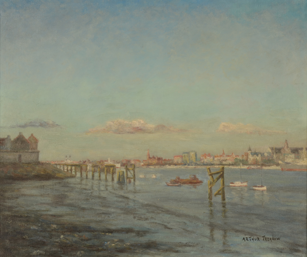 Arthur Willaert/Trealliw Antwerp — Huile sur toile, vu sur Anvers à travers l'Escaut