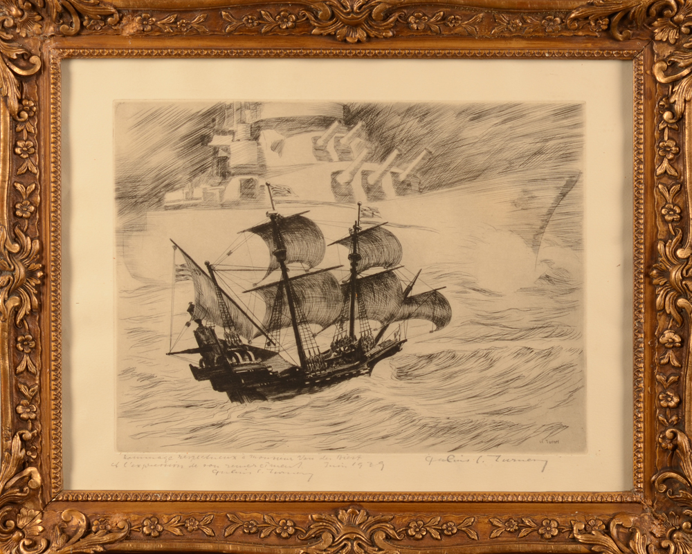 Julius Collen Turner — Curieuse eau-forte, montrant un navire de guerre ancien et moderne, signe et date 1939