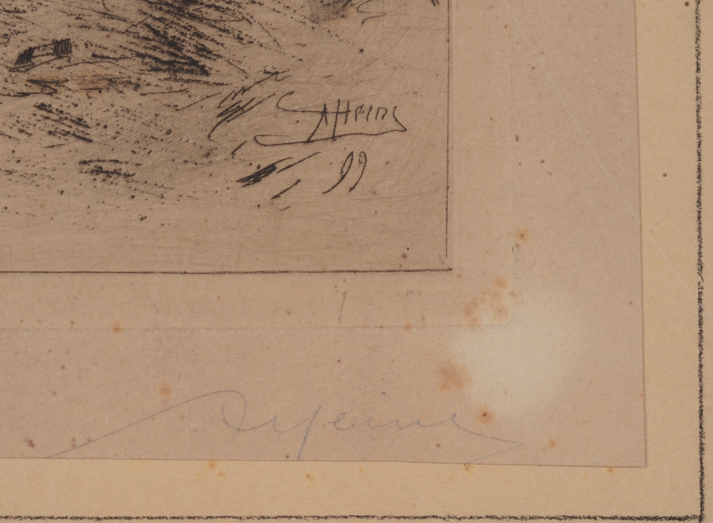 Armand Heins Maisonnettes de pêcheurs signature — Signature of the artist and date on the etching. Signature also present in pencil underneath