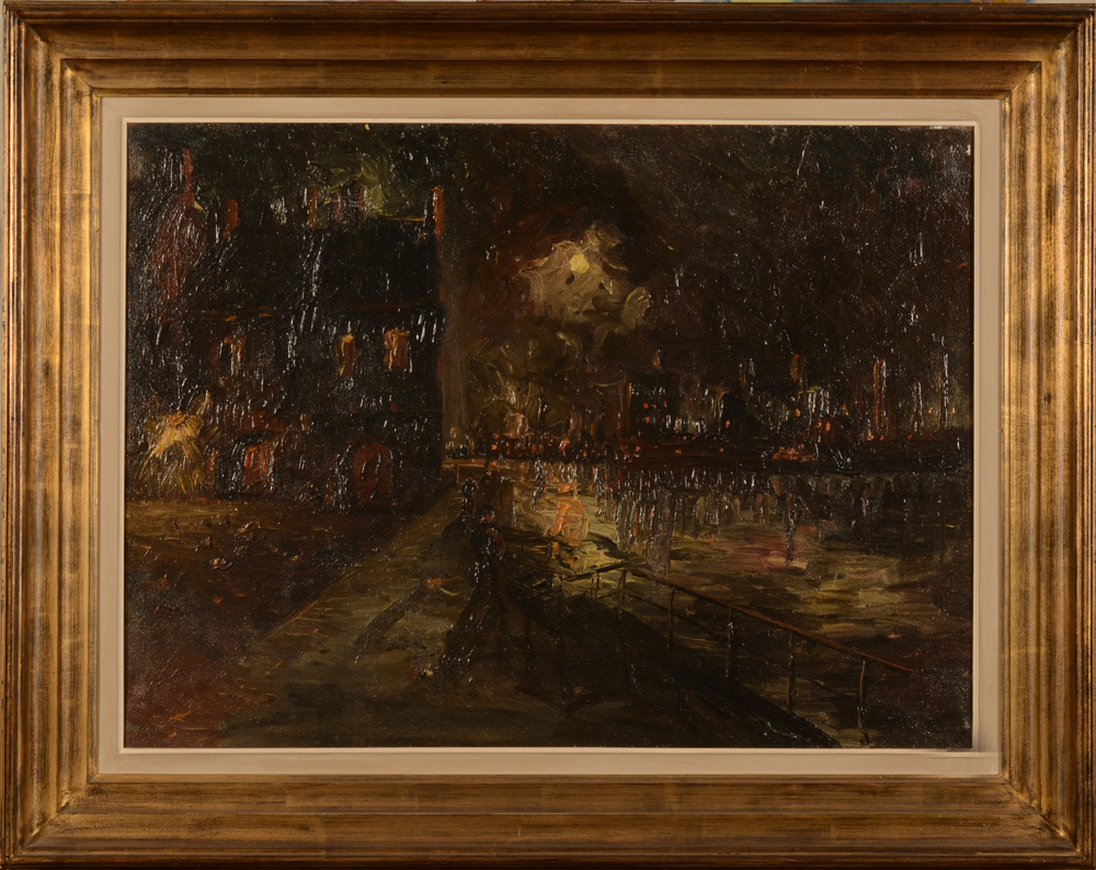 Unknown arist City Port by Night — Vue de ville éclairée par la lune, huile sur toile, dans son cadre