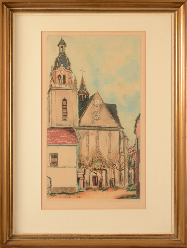 Maurice Utrillo (after) — Eau-forte en couleurs par Jacques Villon, cette épreuve non numérotée probablement plus tardive à l'édition originale&nbsp;
