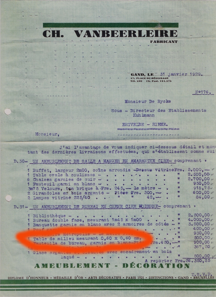 Charles van Beerleire — copy of the original invoice mentionning the table