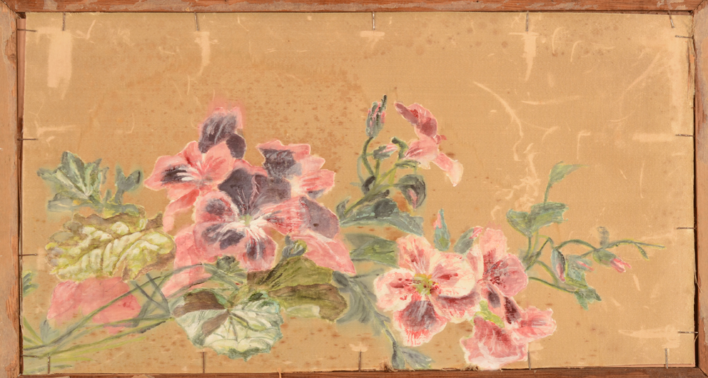 Marie-José Van de Veegaete — Back of the frame, with a flower painting (by the artist?) on silk