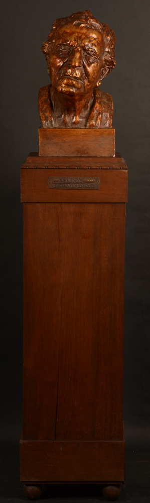 Gustave Van den Meersche — The sculpture sits on its original wooden base. Some cracks to the base due to age.