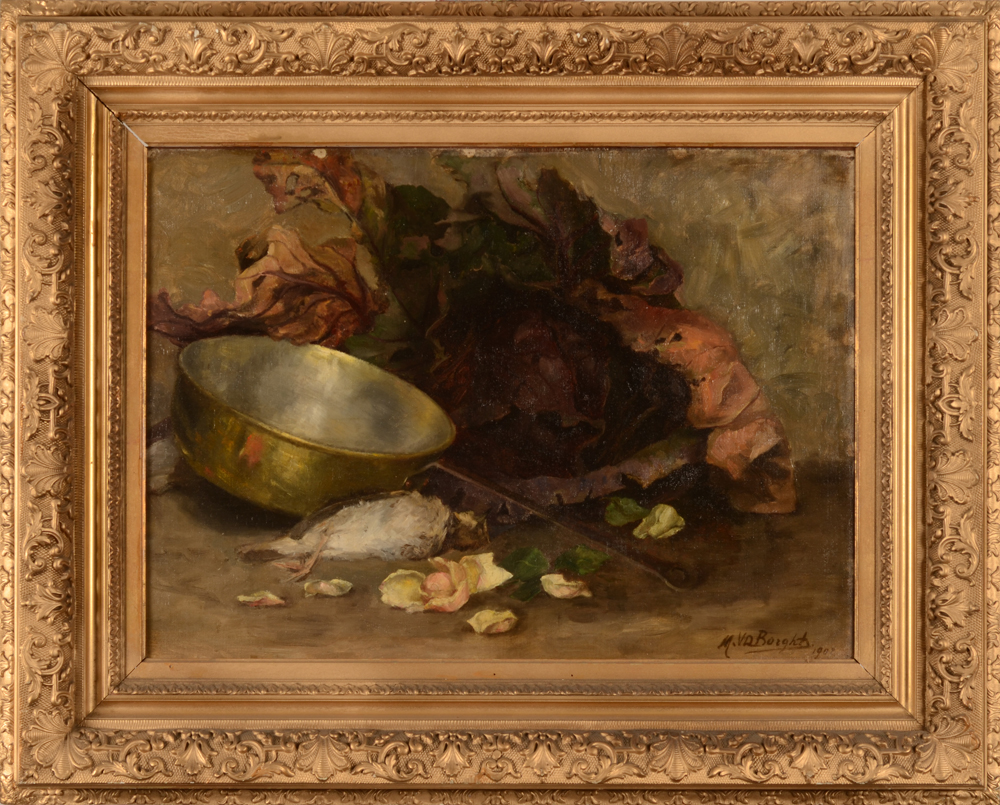M. Van Der Borght — Nature morte, huile sur panneau, signée et datée 1902 en bas à gauche