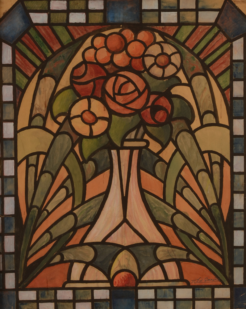 Robert Van der Gracht — Dessin pour un vitrail art deco, signé